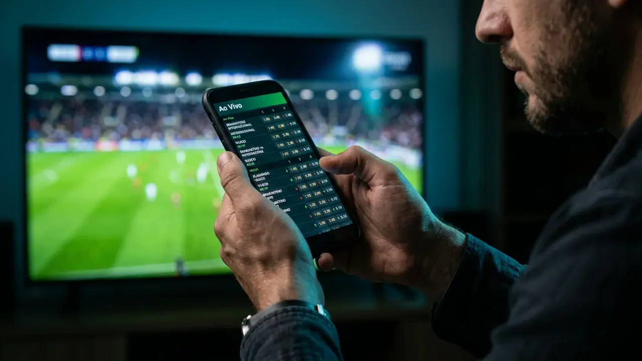 Celular com interface ilustrativa de apostas enquanto uma partida de futebol aparece na televisão.