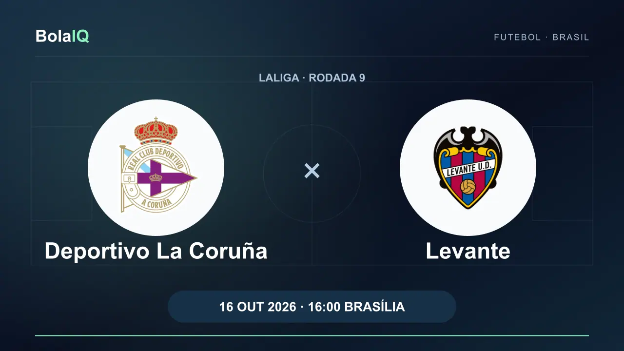 Deportivo La Coruña x Levante: emblemas reais dos clubes, 16/10/2026, 16:00 de Brasília.