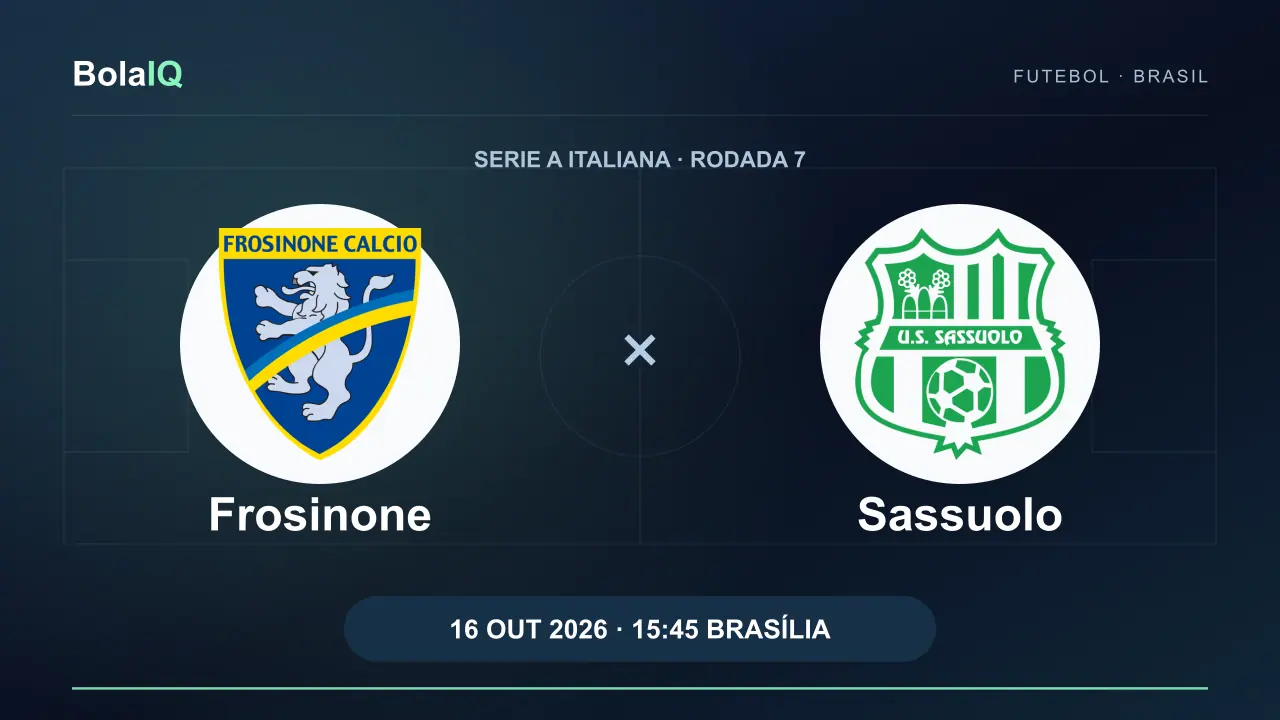 Frosinone x Sassuolo: emblemas reais dos clubes, 16/10/2026, 15:45 de Brasília.