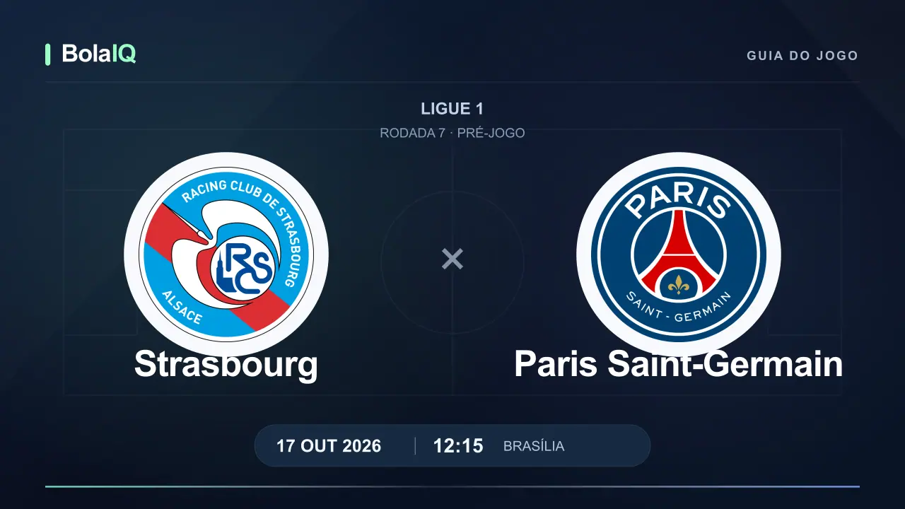 Strasbourg x Paris Saint-Germain: emblemas dos clubes, 17/10/2026, 12:15 de Brasília.