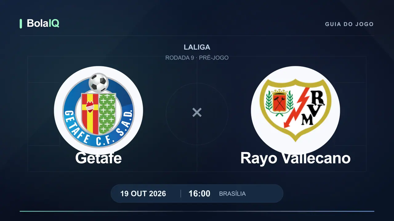 Getafe x Rayo Vallecano: emblemas dos clubes, 19/10/2026, 16:00 de Brasília.