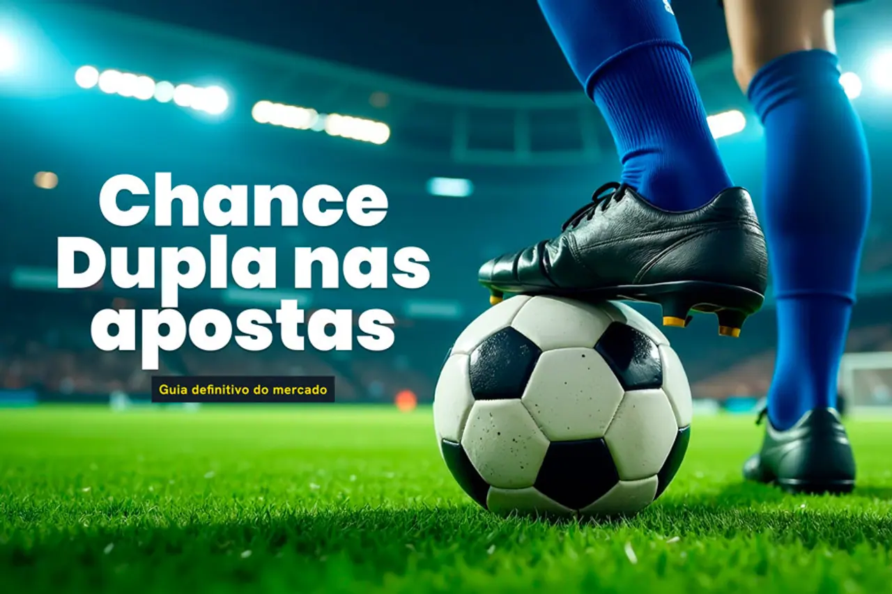 Chuteira sobre uma bola em um campo iluminado, com o título Chance Dupla nas apostas.