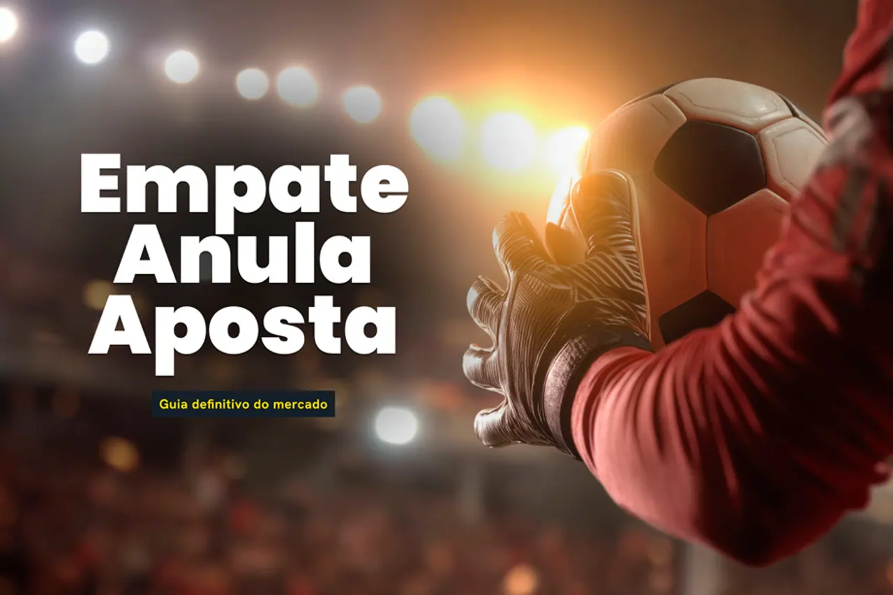 Luvas de goleiro seguram uma bola diante do estádio, ao lado do título Empate Anula Aposta.
