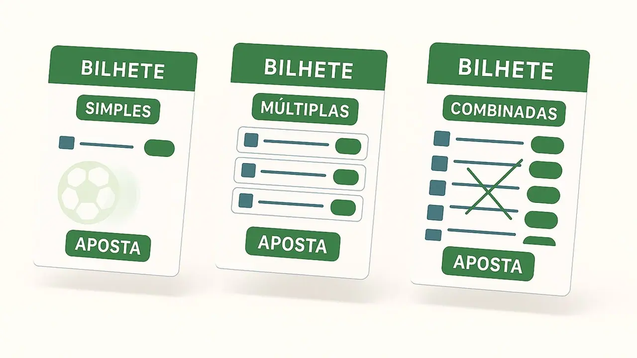 Ilustração de três bilhetes com as palavras Simples, Múltiplas e Combinadas.
