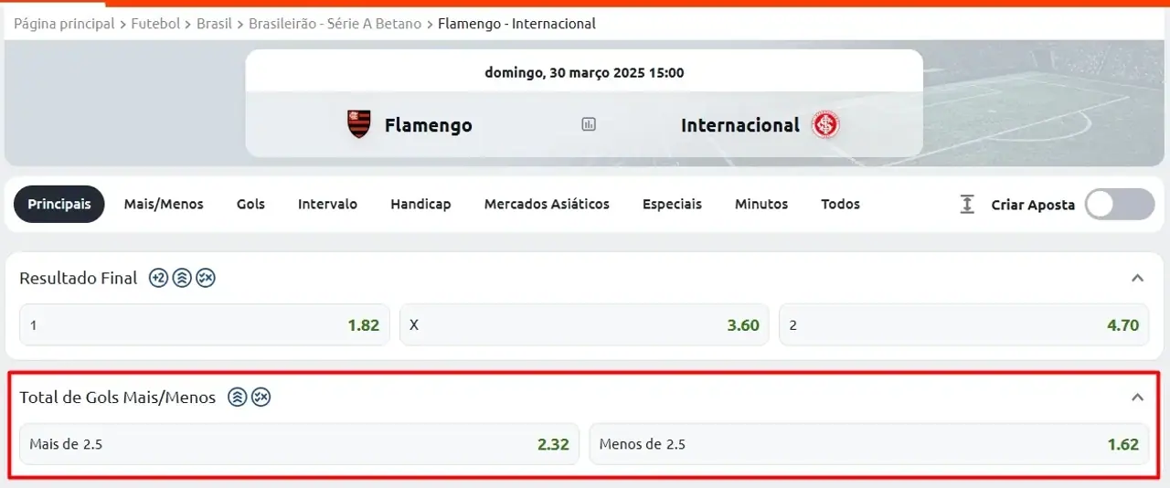 Captura de arquivo destaca as opções Mais de 2.5 e Menos de 2.5 no total de gols.