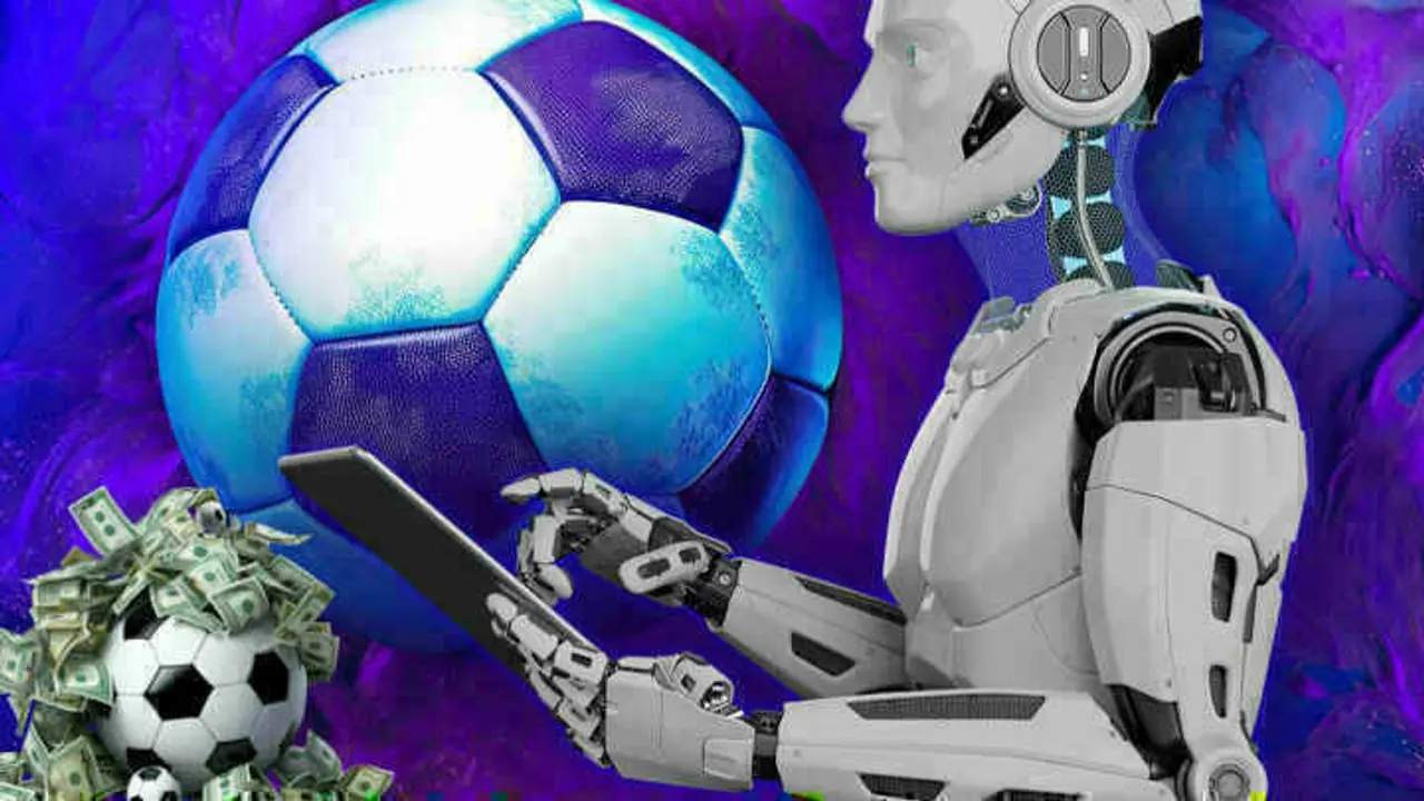 Ilustração de um robô com tablet, bola de futebol e referências a apostas.