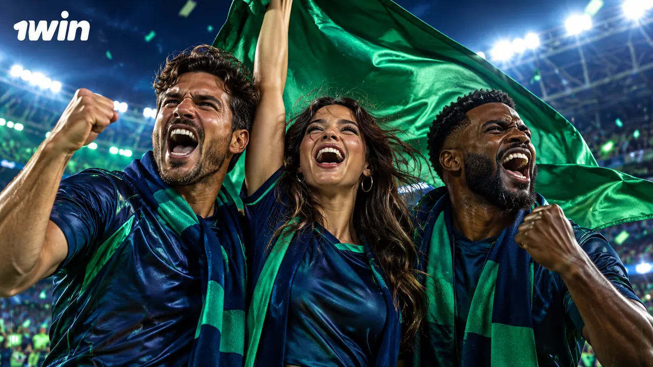 Torcedores com bandeira verde em um estádio de futebol.