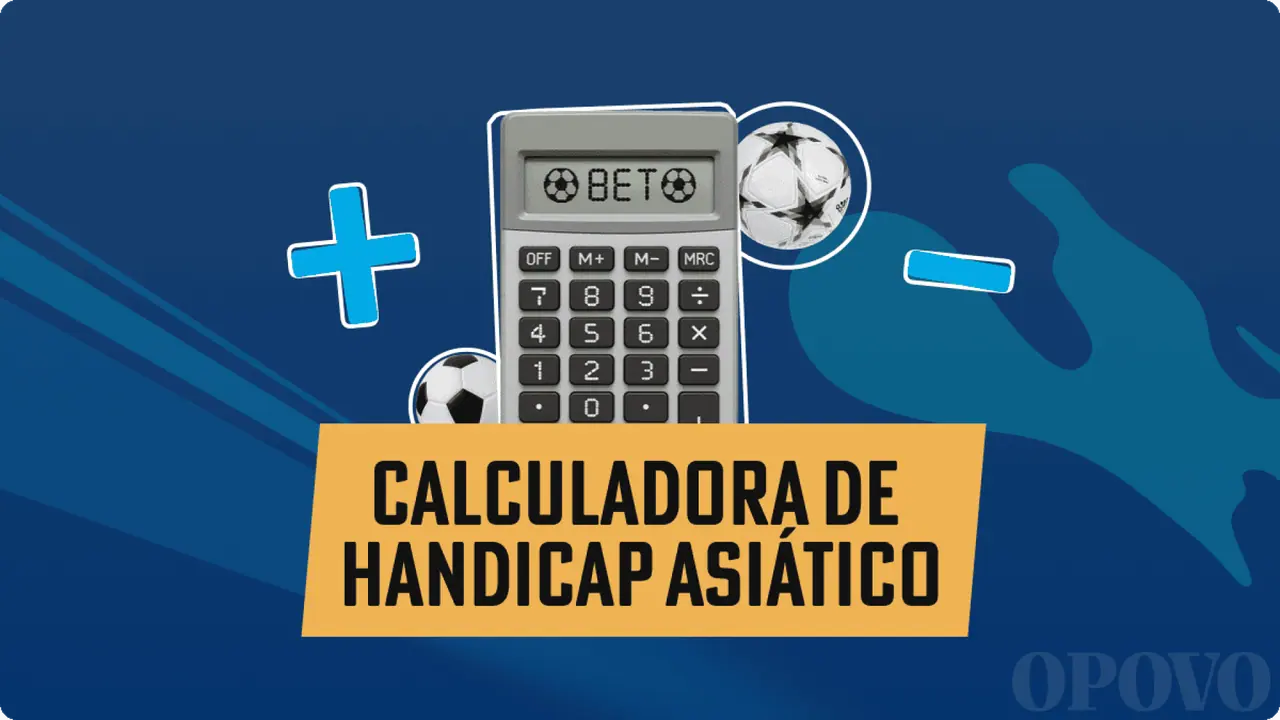 Calculadora, bolas e sinais de mais e menos com o título Calculadora de Handicap Asiático.