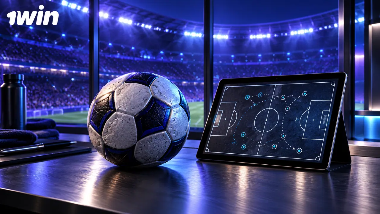 Bola e tablet com campo de futebol em uma mesa de análise.
