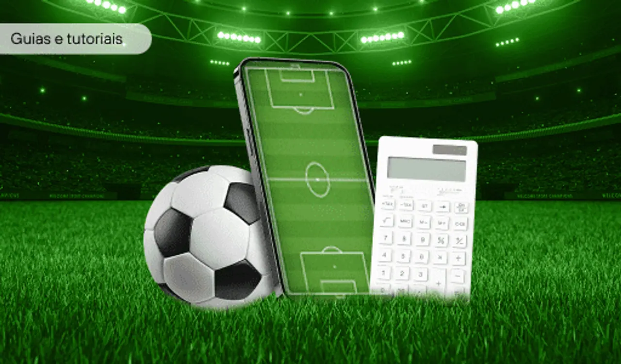 Celular com campo de futebol, bola e calculadora em um estádio verde.