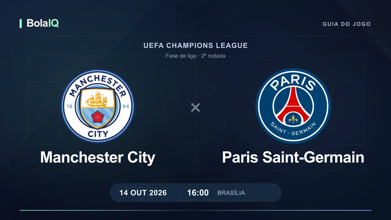 Manchester City x Paris Saint-Germain: emblemas dos clubes e horário 16:00 de Brasília em 14 de outubro de 2026.