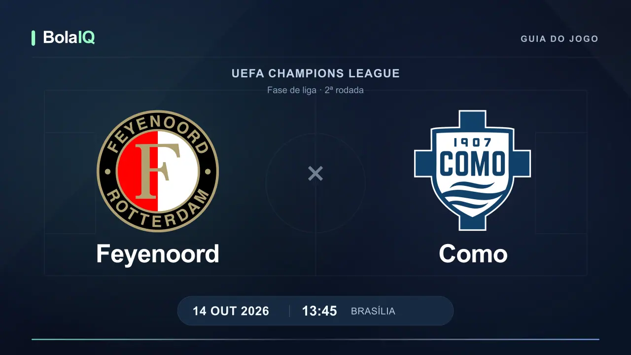 Feyenoord x Como: emblemas dos clubes e horário 13:45 de Brasília em 14 de outubro de 2026.