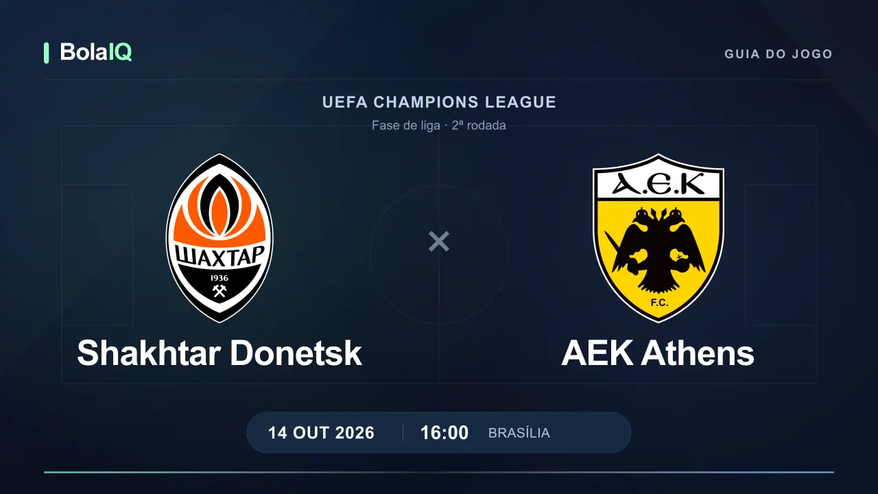 Shakhtar Donetsk x AEK Athens: emblemas dos clubes e horário 16:00 de Brasília em 14 de outubro de 2026.