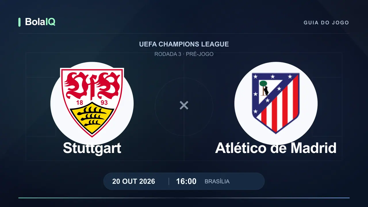 Stuttgart x Atlético de Madrid: emblemas dos clubes, 20/10/2026, 16:00 de Brasília.