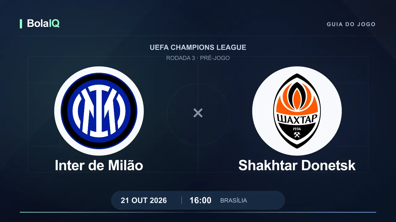 Inter de Milão x Shakhtar Donetsk: emblemas dos clubes, 21/10/2026, 16:00 de Brasília.