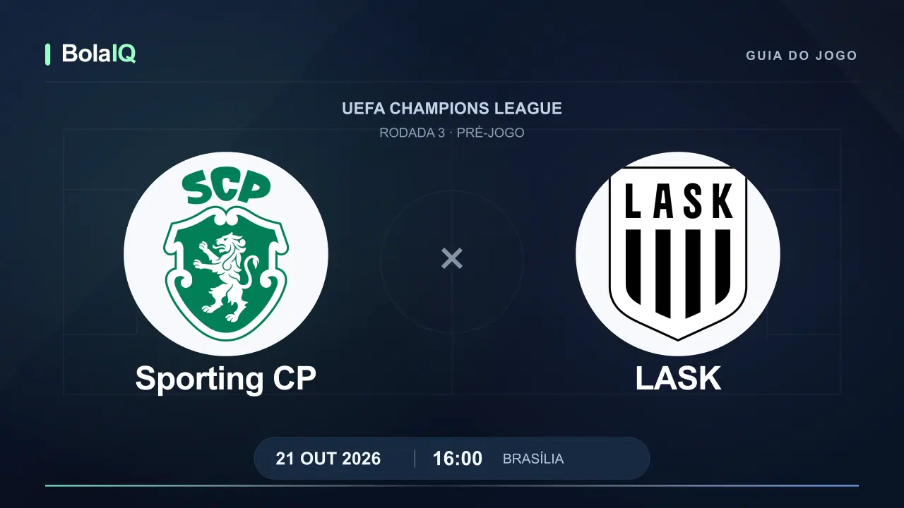 Sporting CP x LASK: emblemas dos clubes, 21/10/2026, 16:00 de Brasília.