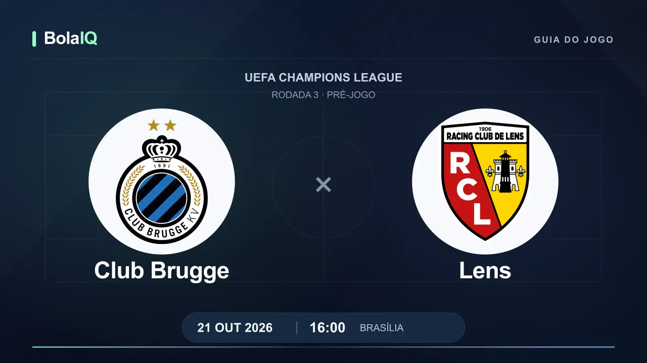 Club Brugge x Lens: emblemas dos clubes, 21/10/2026, 16:00 de Brasília.