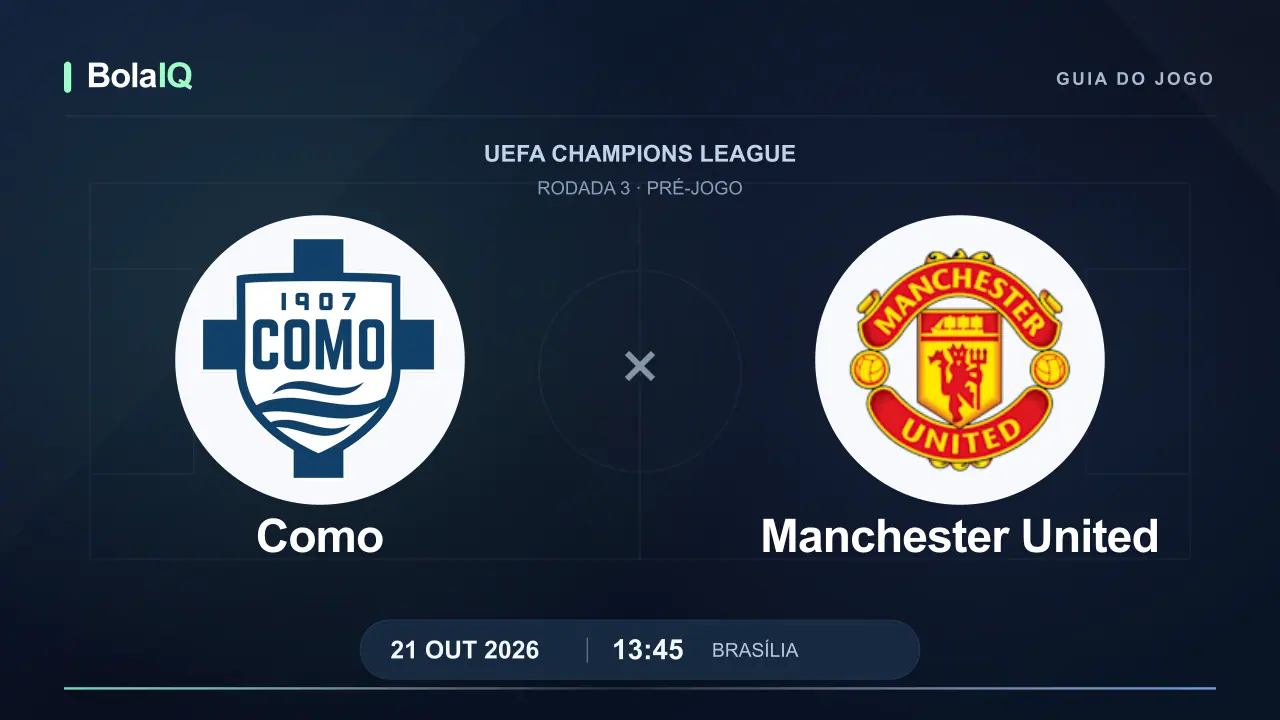 Como x Manchester United: emblemas dos clubes, 21/10/2026, 13:45 de Brasília.