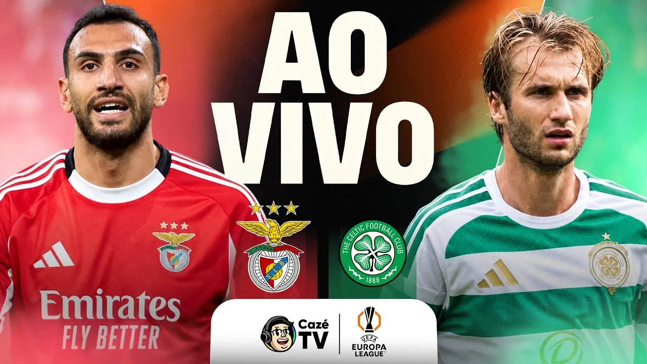 Benfica x Celtic: arte da transmissão da CazéTV para o jogo de 15 de outubro de 2026.