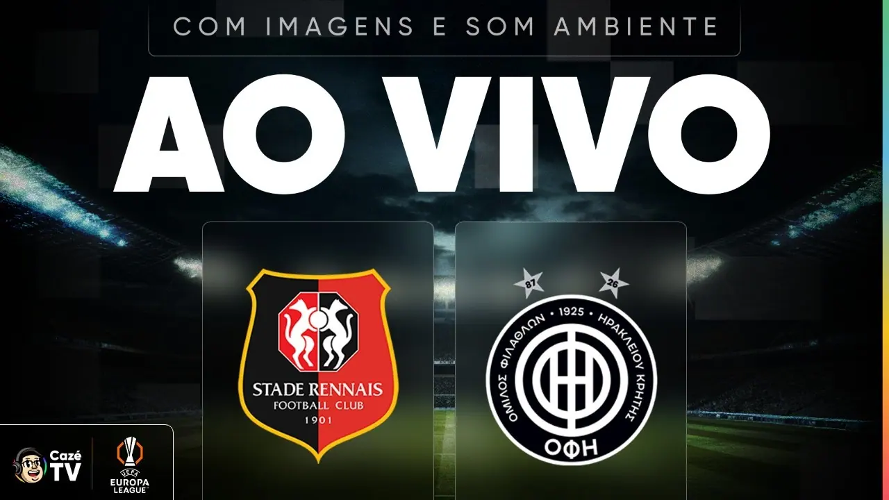 Rennes x OFI Crete: arte da transmissão da CazéTV para o jogo de 15 de outubro de 2026.