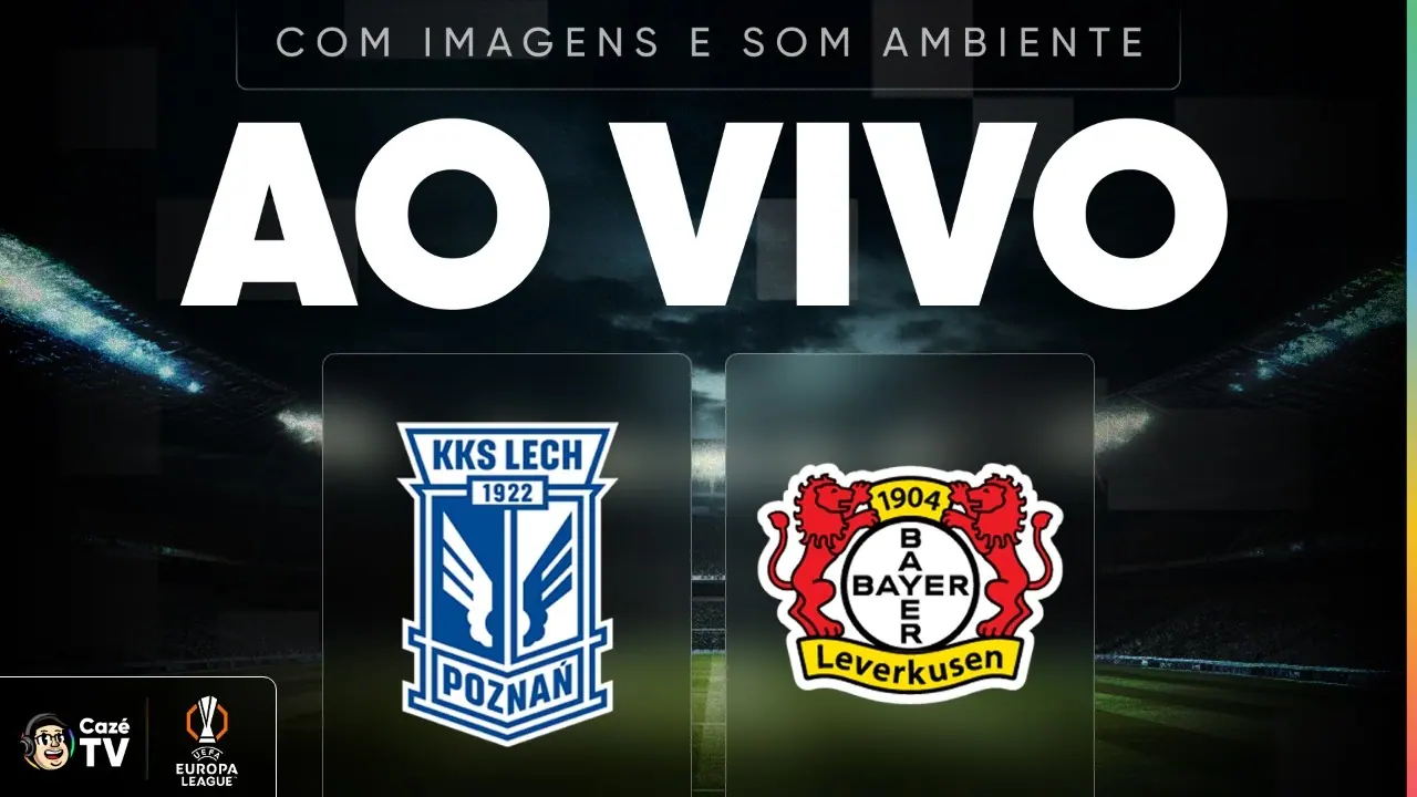 Lech Poznań x Bayer Leverkusen: arte da transmissão da CazéTV para o jogo de 15 de outubro de 2026.