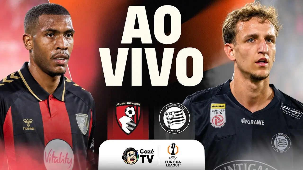 Bournemouth x Sturm Graz: arte da transmissão da CazéTV para o jogo de 15 de outubro de 2026.