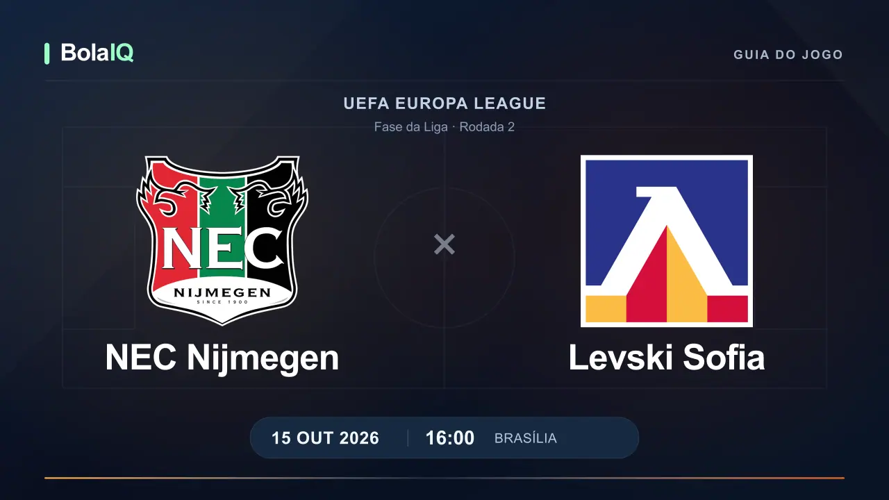 NEC Nijmegen x Levski Sofia: emblemas dos clubes e horário 16:00 de Brasília em 15 de outubro de 2026.