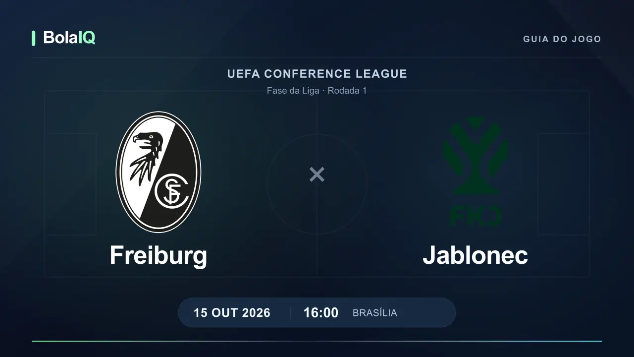 Freiburg x Jablonec: emblemas dos clubes e horário 16:00 de Brasília em 15 de outubro de 2026.