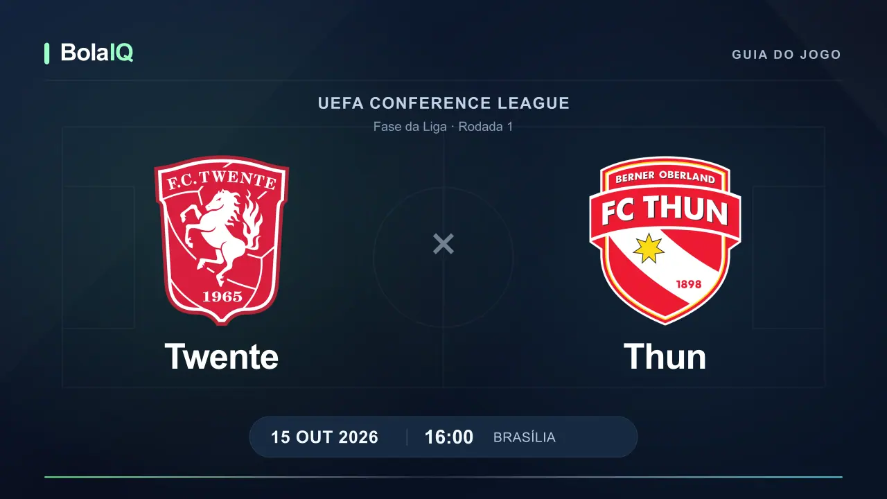 Twente x Thun: emblemas dos clubes e horário 16:00 de Brasília em 15 de outubro de 2026.
