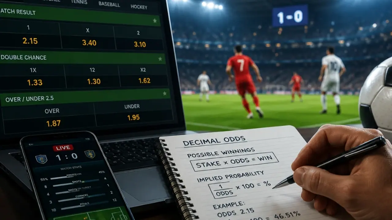 Notebook com fórmulas de odds, celular e laptop com mercados de futebol