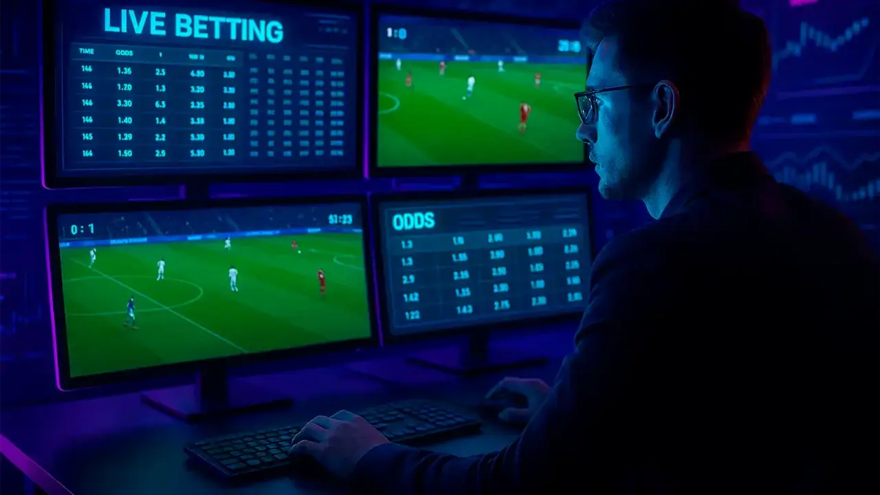 Painéis de futebol ao vivo e odds em uma estação de análise com luz azul